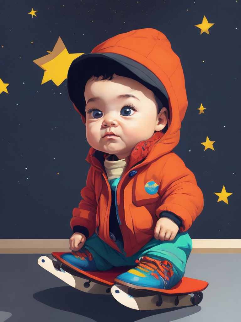 60s cartoon style of a baby wearing underground clothes and a cap sitting on the skate park in far off galaxy, style of hannah barbara, studio ghibli, akira toriyama, james gilleard, warner brothers, trending pixiv fanbox, acrylic palette knife, vibrant colors, devinart, trending on artstation, low details, smooth