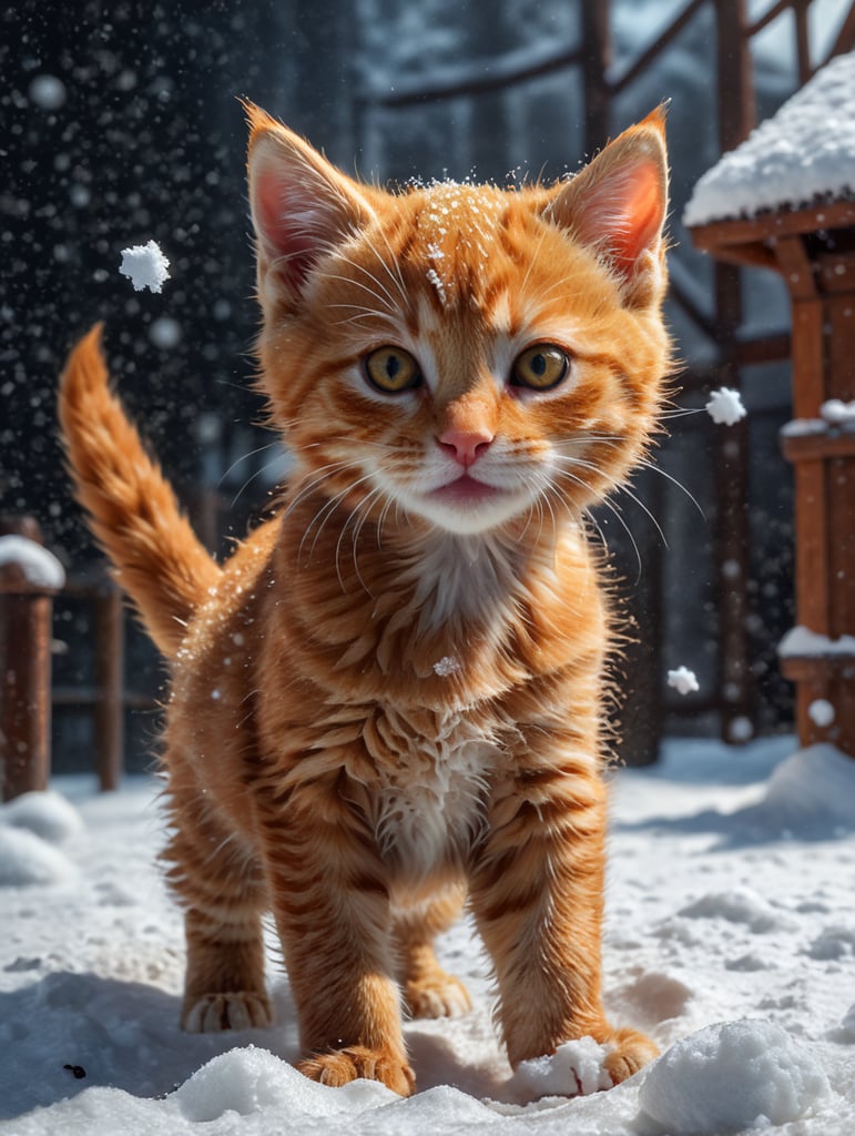 Small ginger kitten playing in the snow