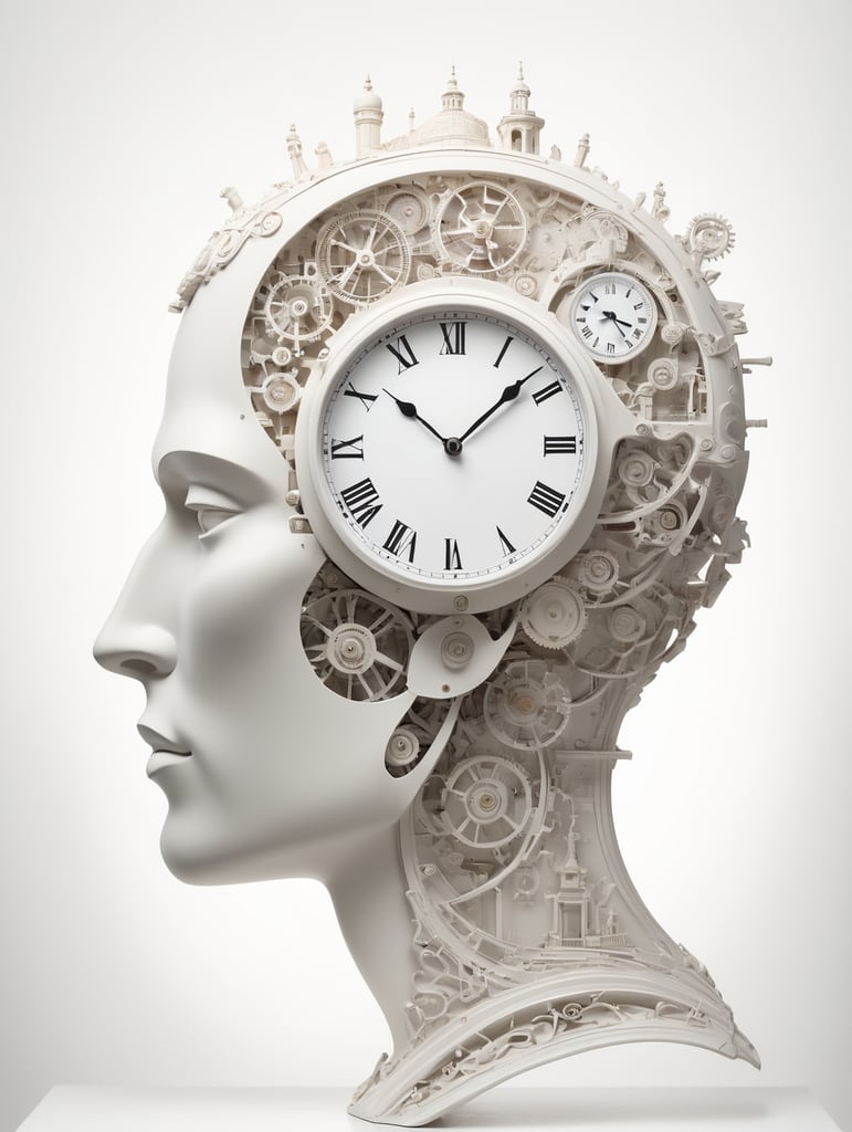 абстрактный контур профиля головы с дверью и часами внутри