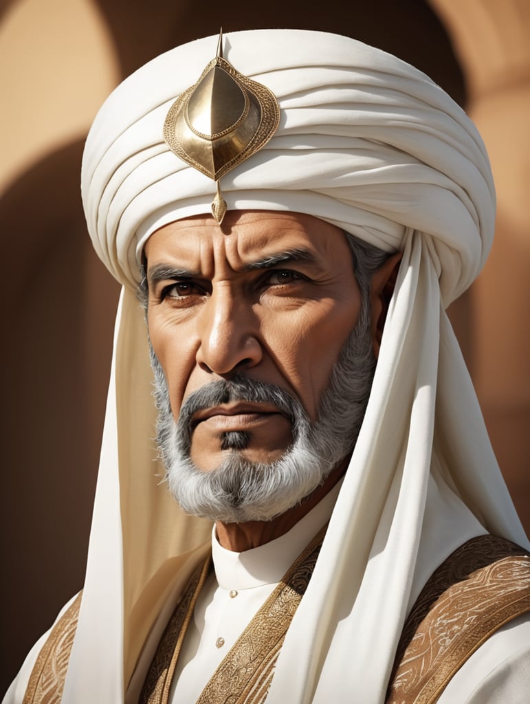 Image of the figure of a warlord in ancient times with a handsome face wearing Middle Eastern style royal clothing and gusts of wind blowing towards the warlord and his dashing face