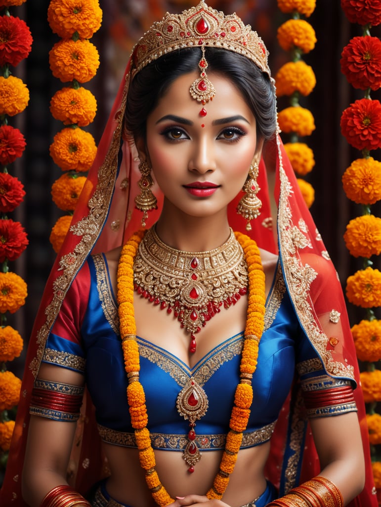 Design an image showcasing a bride wearing diamond jewelry against a backdrop of traditional Nepali wedding elements, such as vibrant marigold garlands, auspicious red hues, and intricate henna designs. don't show too many jewelry but create a visual for Nepali wedding. Photoreal