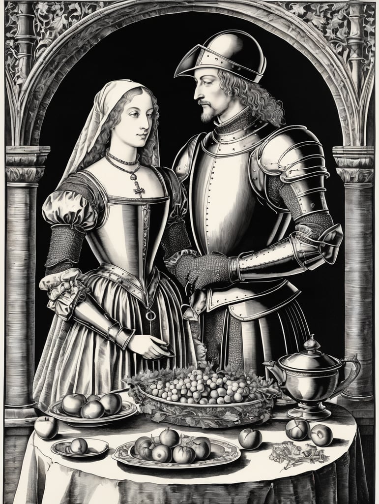 knight glove holding Mirabelle brunch, 15th century, engraving, ink, europe, style of Albrecht Dürer, illustration,