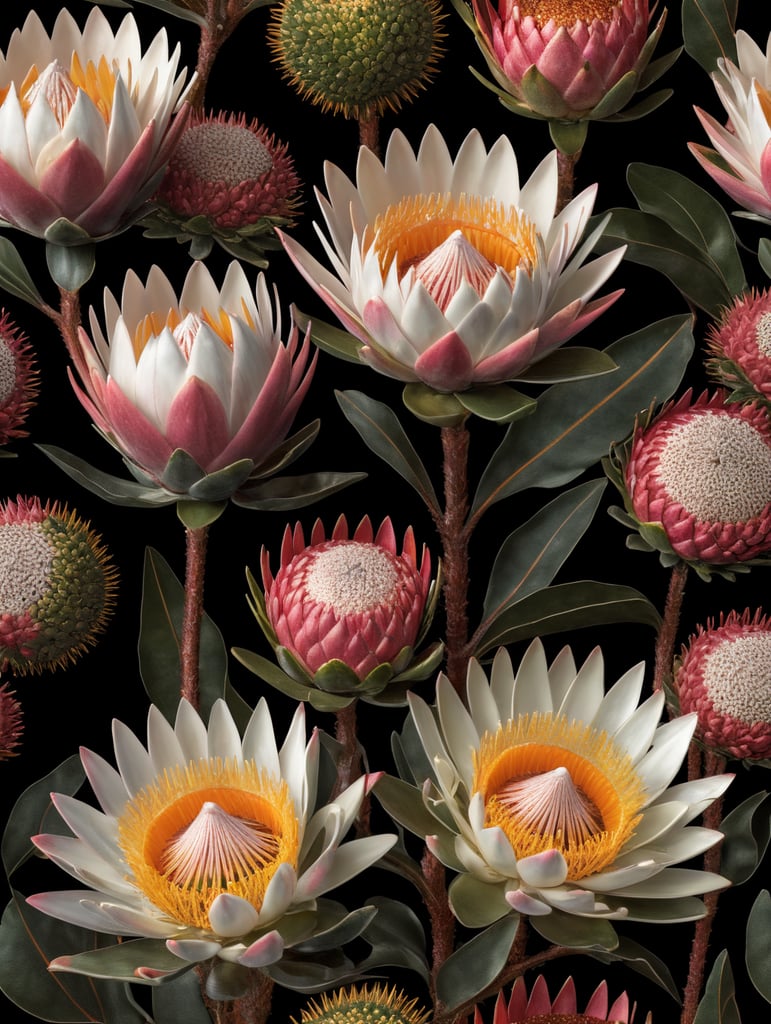 Detailed king proteas and pincushions against a black backdrop by martin johnson heade, artstation