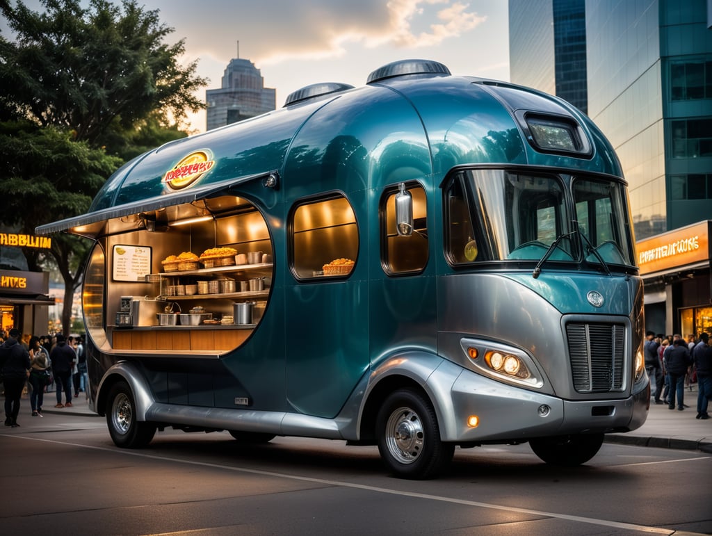 A fantastic, futuristic, cybernetic food truck that looks like a large oblong blob of mercury, with a glass cab and a large hinged side that reveals the contents, a showcase of fast food of various kinds:: A scene in the middle of a future metropolis.