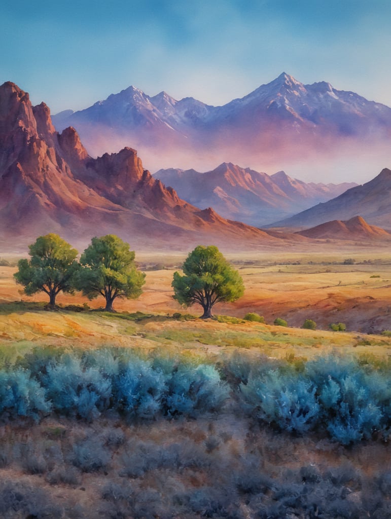 uma pintura de três árvores em um campo com montanhas ao fundo, paisagem da aquarela, paisagem abstrata vívida, o deserto é em aquarela, paisagem artística, pintura em aquarela vibrante, cores vibrantes, mas suaves, Ciprestes e Colinas, Aquarela vibrante, arte em aquarela, pintura de paisagem colorida, uma pintura em aquarela, Aquarelas, paisagem vívida, ilustração da paisagem, Paisagem abstrata, cores atmosféricas vibrantes