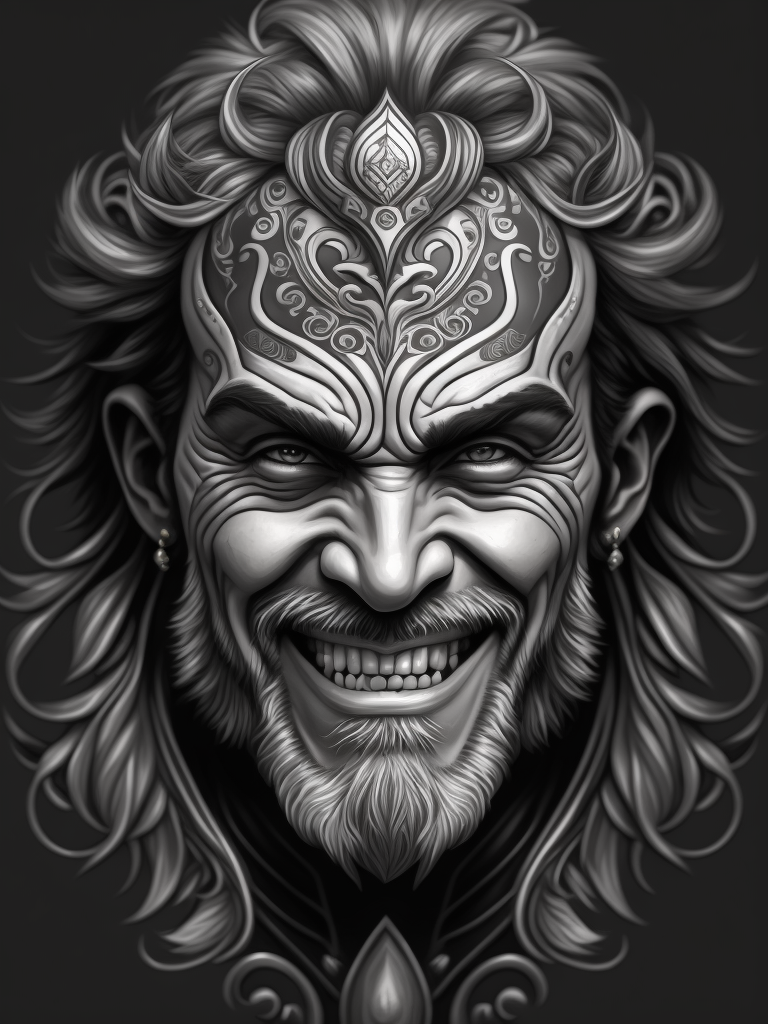 A vector art of a gentle and smiling Hercules head tattoo, black and white