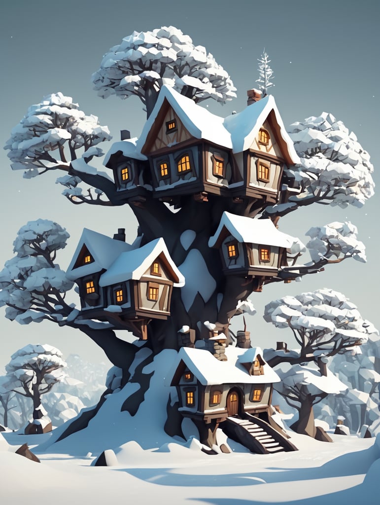 Dwarves' house on a branching tree, a lot of snow, low poly style