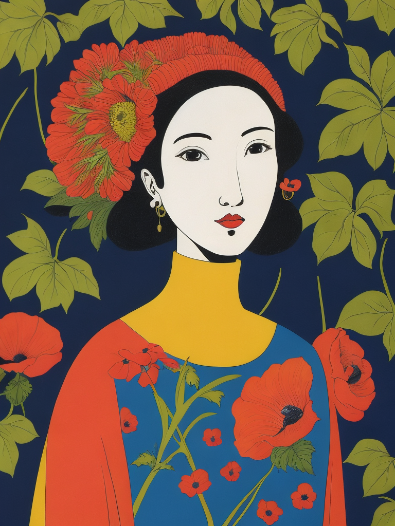 Hiroshi Nagai, ultrafine detailed painting of a woman with a n opium poppy flower in her hair, whimsical, detailed painting