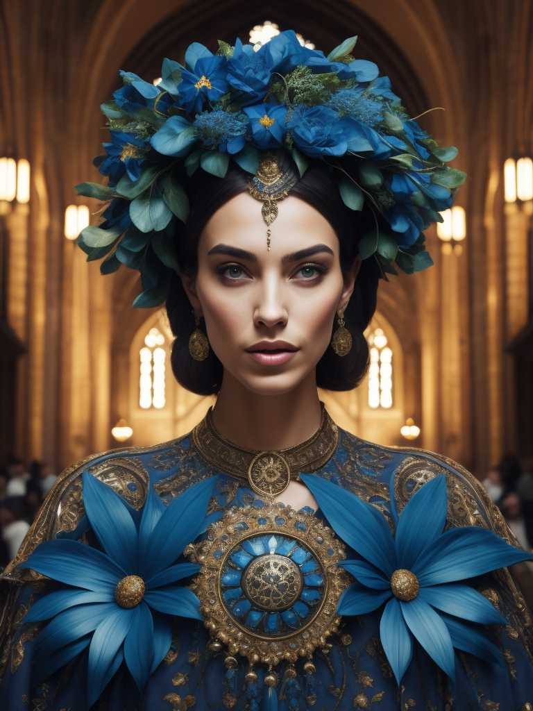 Portrait of a woman with a blue flowers crown, vogue, interior of a tall gothic cathedral, dramatic lighting, incredibly high detail, romantic style art, sun rays, saturated colors, symmetrical, crowd background