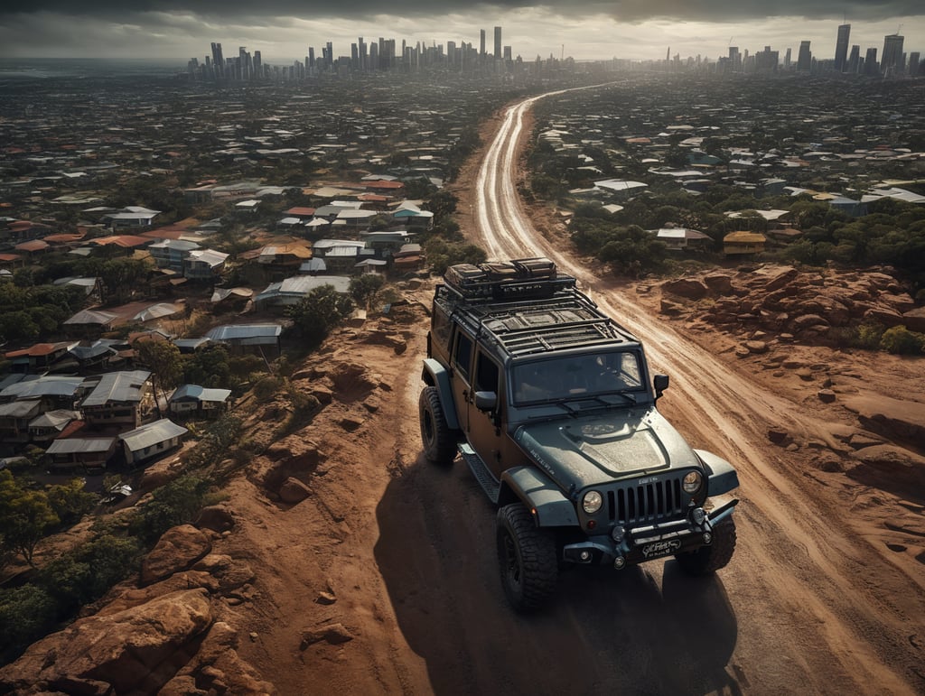 arial shot of a 4x4 Jeep moving through long road, into A city of australia