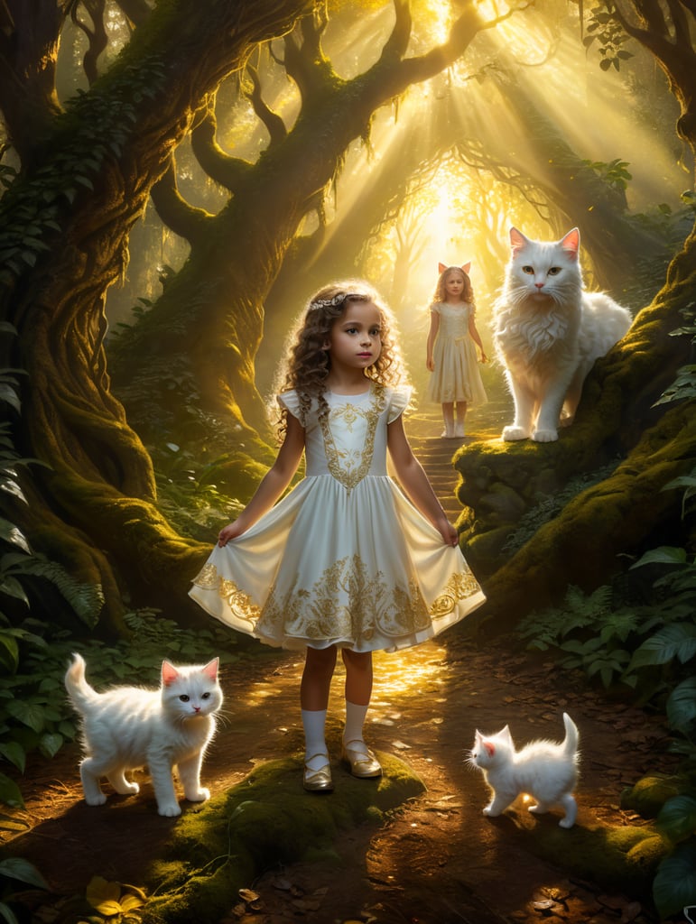 Girl 5 years old with long curly hair in dress standing in magical forest with white kitten in golden light