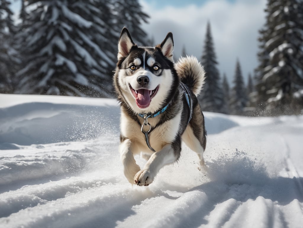 side view of skinny Husky-Sheppard mix dog running in snow. happy and smiling and with tongue out