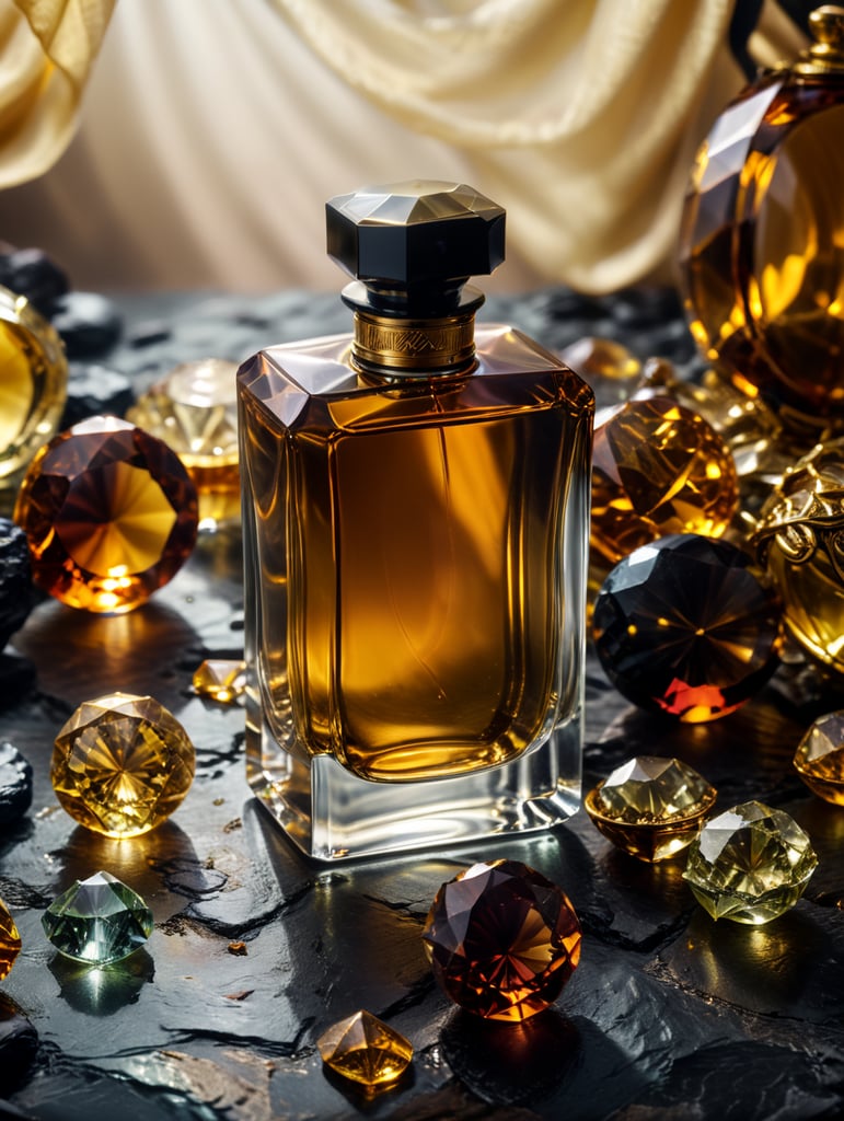 professional photography of a luxury perfume, surrounding an amber gems, yellow satin scarf background, no label, clear, mockup