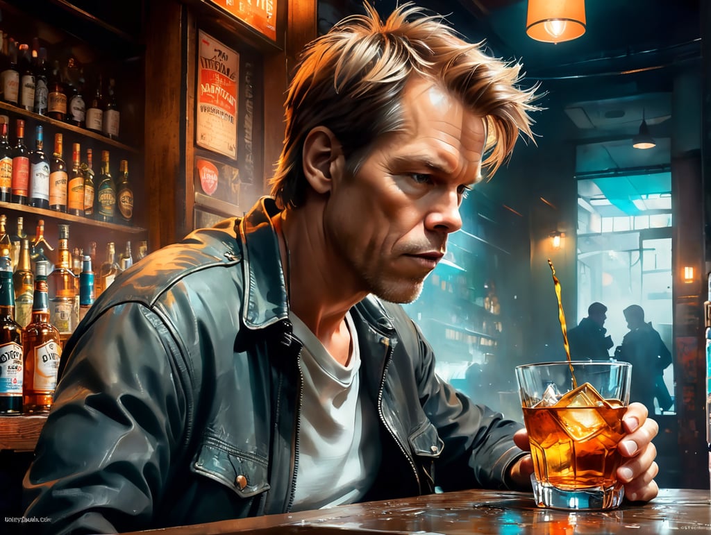 Kevin bacon down on his luck in a sleazy bar drinking scotch