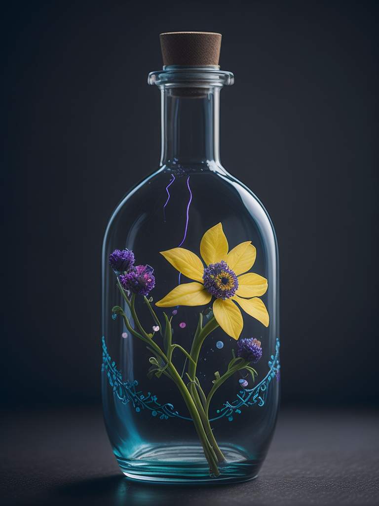 Magic elixir bottle from, carved glass, decorated with flowers and gems, fairy atmosphere, illumination, dark blue color, smoke