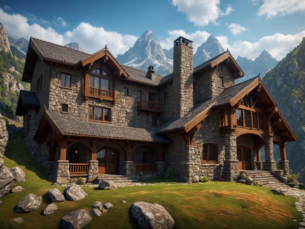 mountain house built of stone, with large windows, mountains in the background
