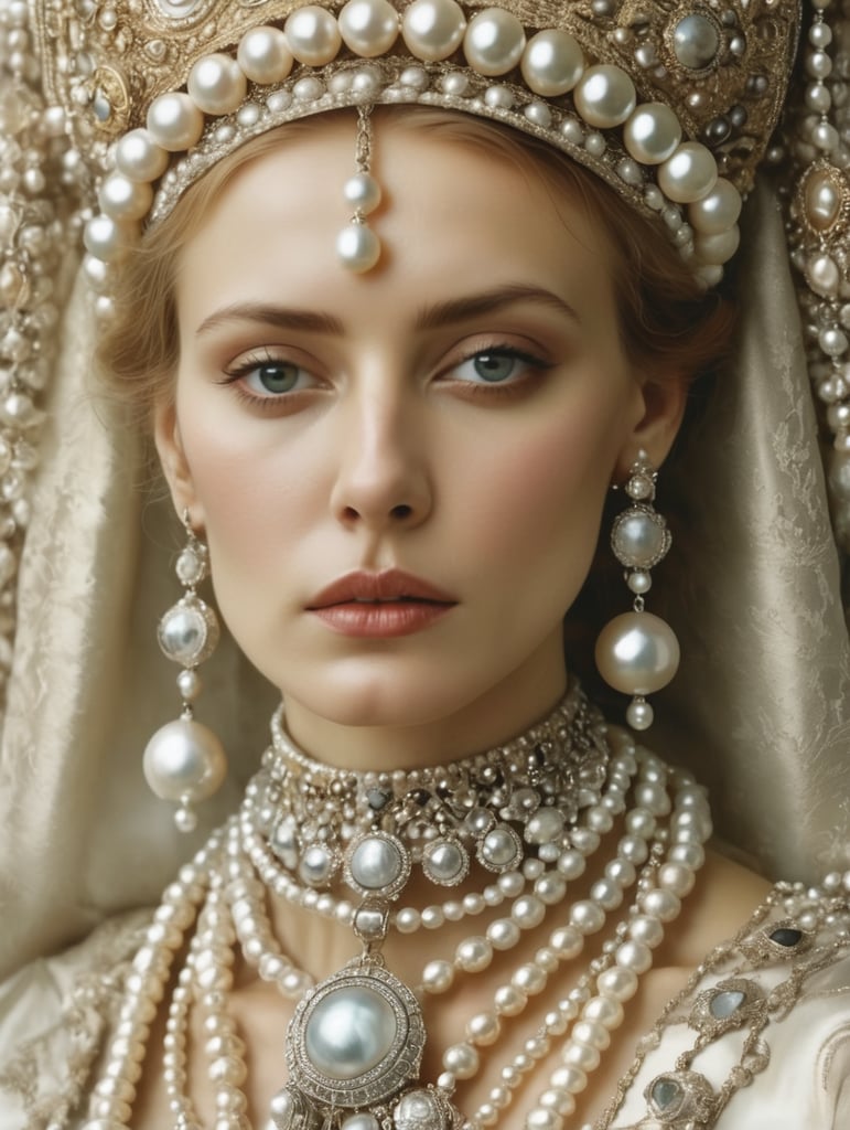 Russian woman with pearl jewelry, in the style of manipulated photography, byzantine-inspired, alejandro jodorowsky, multilayered mixed media, marianna rothen, edwin lord weeks, close up