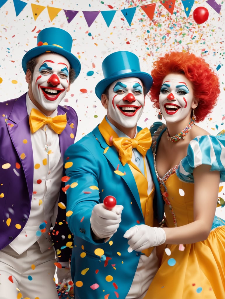 2 homens e uma mulher fantasiados de palhaços felizes jogando confetes e brincando no carnaval com fundo branco
