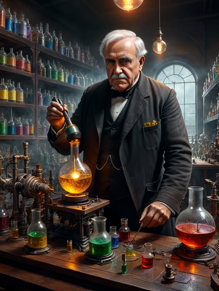 Thomas Edison in a lab mixing chemicals