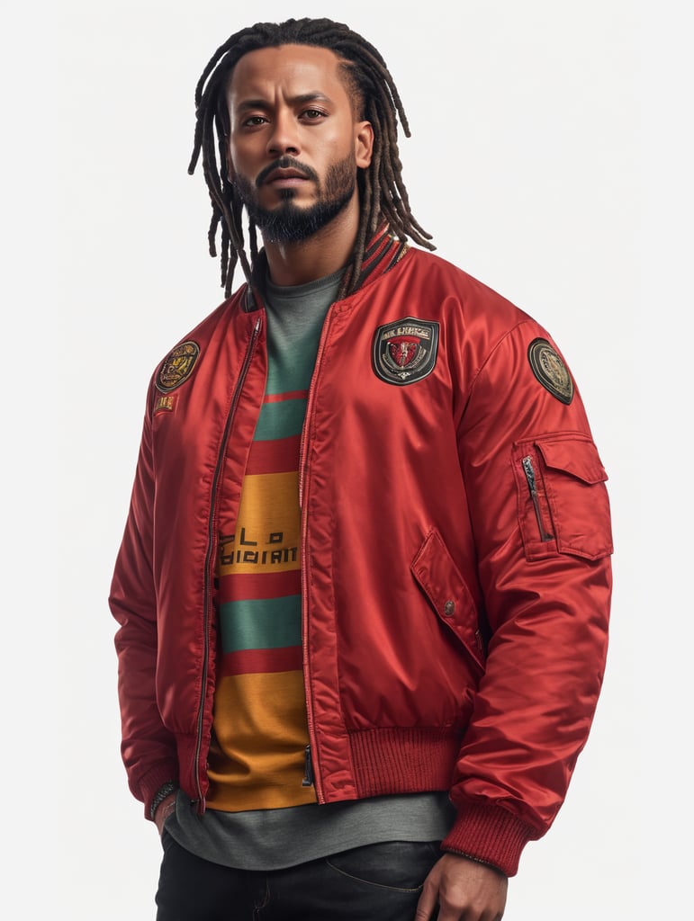 a man with dreadlocks on his head is wearing a colored jersey and a red bomber jacket