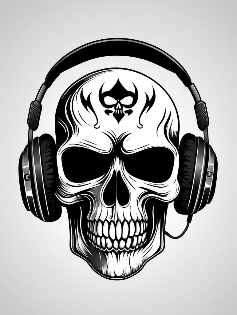 Black and white game over Skull Gaming Logo, vector illustration, vintage dead head or skull of gamer in headphones, vector image