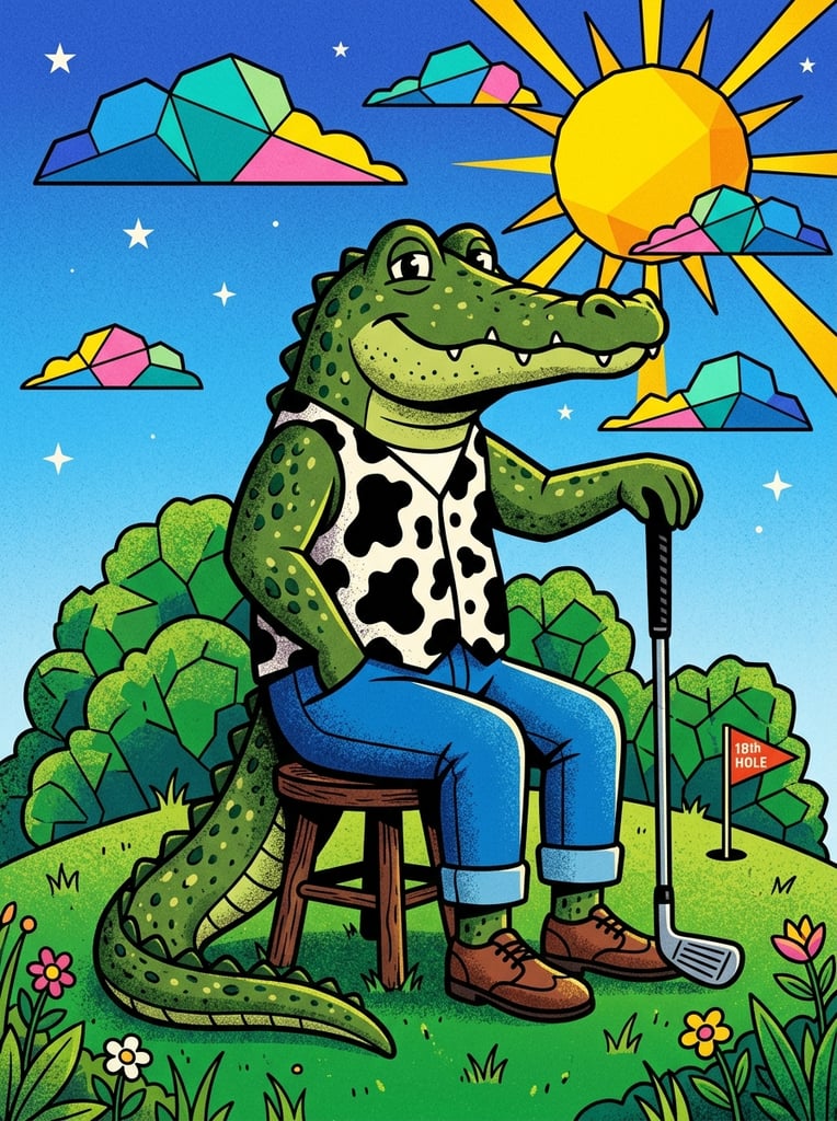 A grainy vector illustration of an anthropomorphic speckled green crocodile in a cow-print vest and blue trousers sitting on a stool, leaning on a golf club. The vibrant pop-art scene includes geometric clouds, a bold yellow sun, stars, and green bushes against a blue gradient sky.