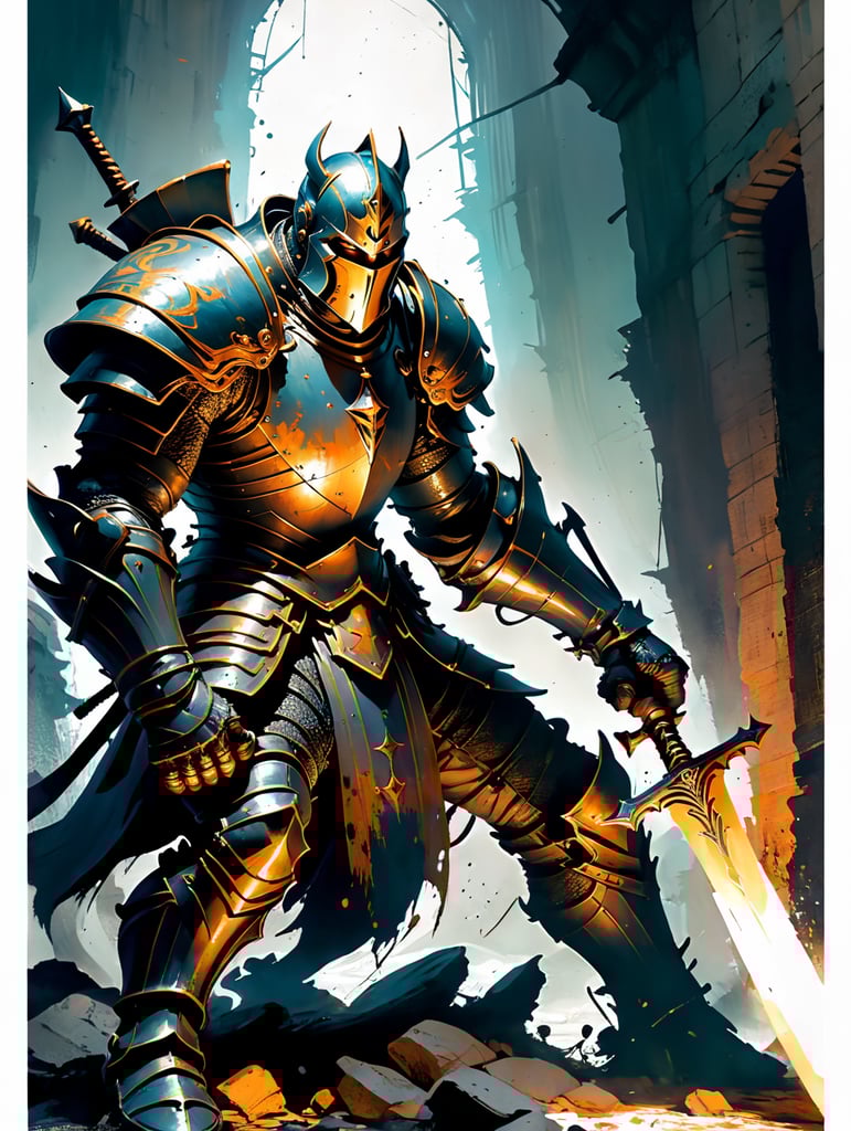 knight about to fight giant monster in dark dungeon in the style of frank frazetta