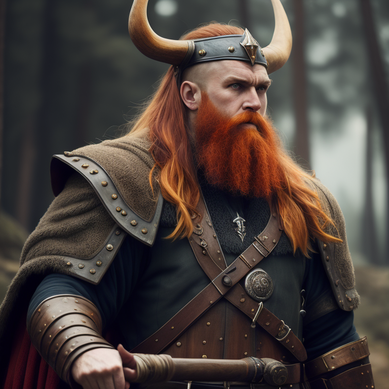 Викинг с мечом и топором, длиннобородый, рыжий