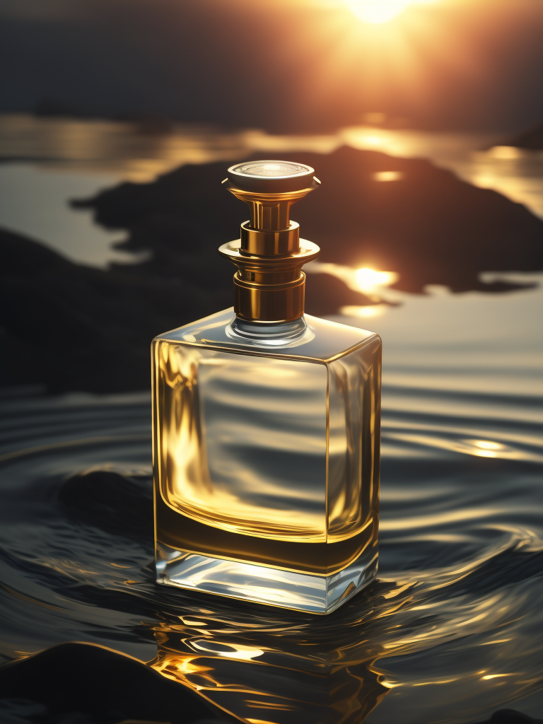 A delicate and noble glass perfume bottle was placed in the middle of the water，The sunlight asperses full, on the water flutters falls ，the petalhas ，the dewthe crystal ，clear feelingthe warm color tone,Headshot Center，the composition，Hyper，realistic style，realistic，photography，high detailhigh quality，high resolution，8k