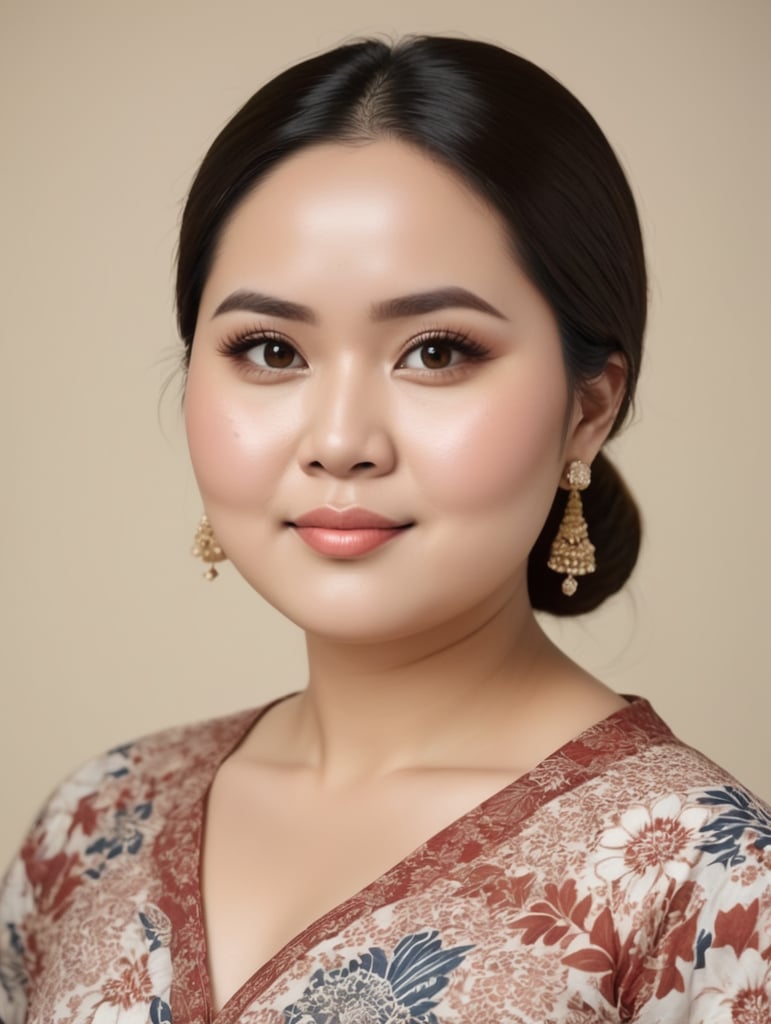 An Indonesian woman is slightly fat, chubby cheeks, flat nose, Slightly oval face shape,wearing a kebaya,No make up, white skin, wearing a batik skirt