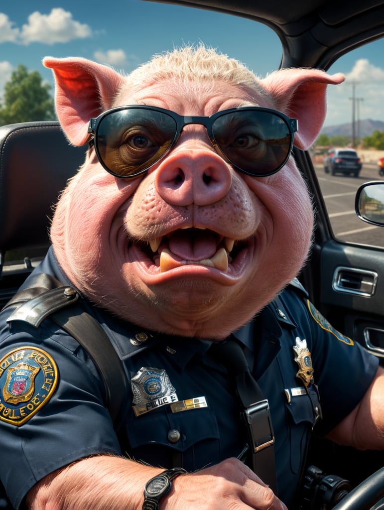 A angry pig police officer, sitting behind the wheel of a police car, close-up shot, sunglasses, clipart, stock photo