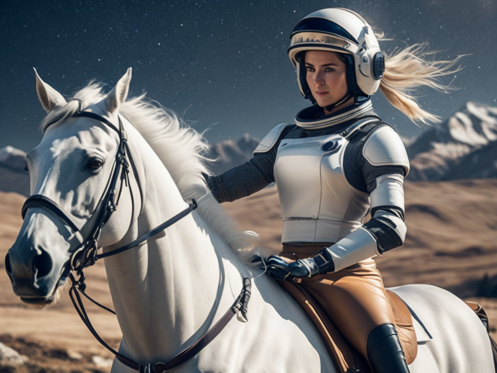 Women robot in white cosmonaut helmet is riding a white horse - robot on polo game in Alps