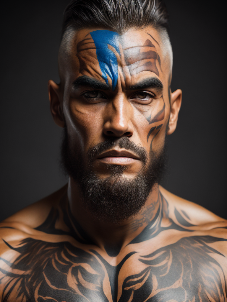 Portrait of a powerful muscular New Zealand native man with a formidable face, face tattoos, contrast color, studio photo, professional photo, rich colors, detailed image