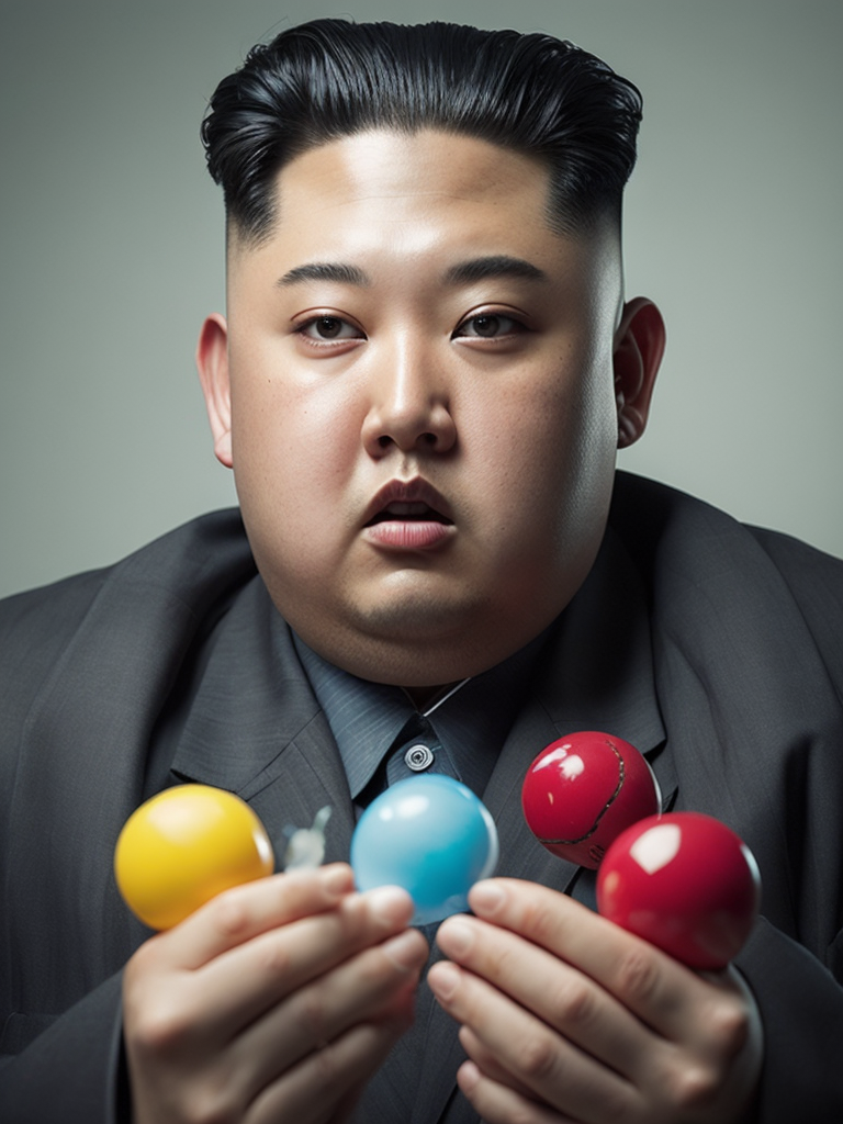 RAW Kim Jong Un blow Bubble Gum, looks at the camera, light background, bokeh, ornate background.