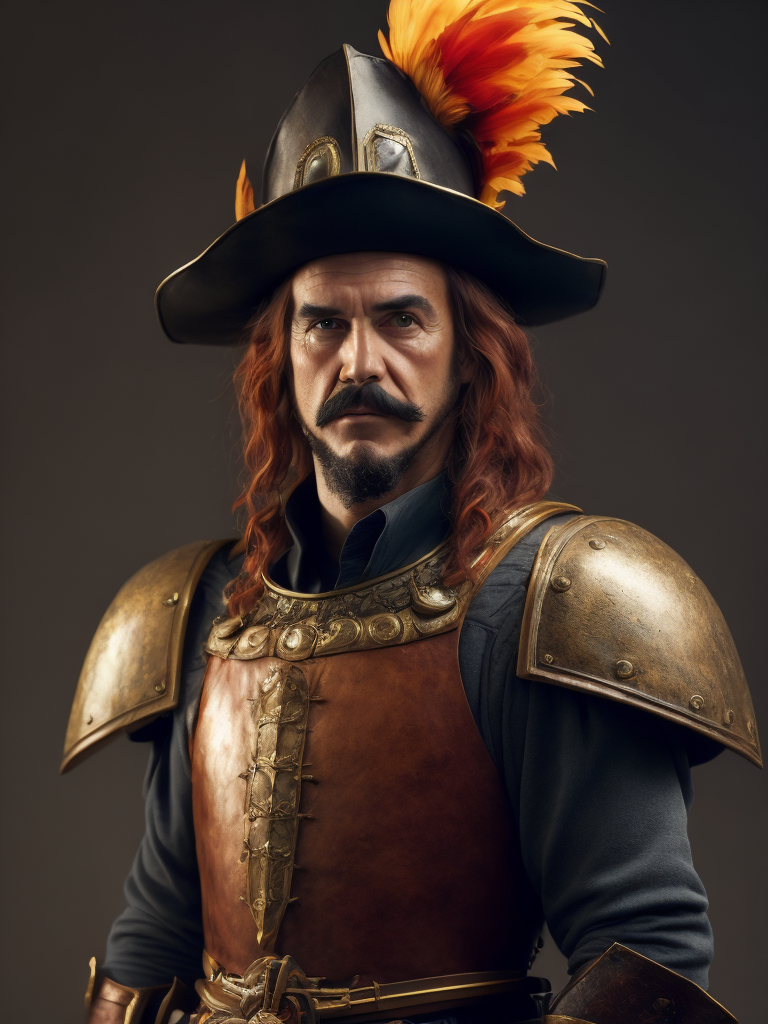 High resolution, high quality, high detail, soft lighting, cinematic lighting, realistic, DSLR, bokeh, studio quality, film grain, panorama, film grab of a young landsknecht wearing a large hat with colorful feather plumes, plate armor, black shirt, moustache, holding a very long sword, standing, simple background, 80s fantasy movie