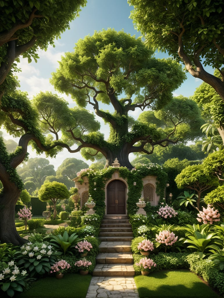 Un'illustrazione stilizzata di un giardino lussureggiante con alberi di limoni e lime, piante di menta e fiori di gelsomino. Nel centro del giardino, Aggiungi dettagli eleganti e sofisticati per suggerire le note di COGNAC, IRISWOOD, CLOVE e VETIVER,Tabacco magari incorporando sfumature di legno e spezie. Nel background, potresti inserire immagini di quercia (per OAK), incenso bruciato e foglie di tabacco. Infine, per rappresentare la profumazione finale di MUSK, puoi inserire un tocco di sensuale eleganza, magari con una sfumatura di rosa pallida.