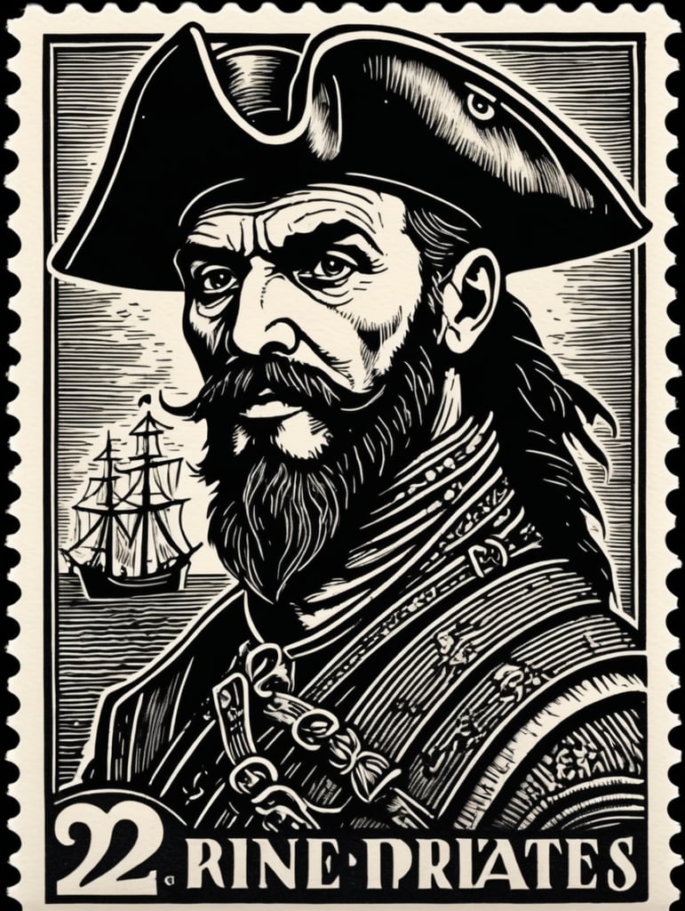 Black and white linocut postage stamp old pirate thick bold dark lines