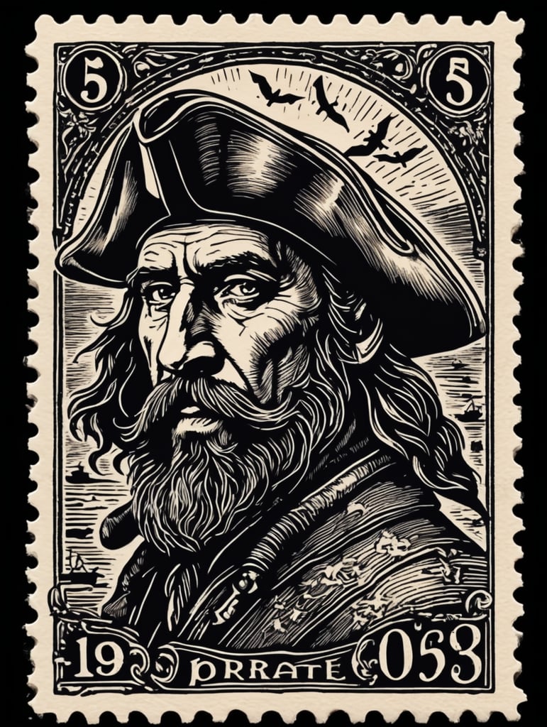 Black and white linocut postage stamp old pirate thick bold dark lines