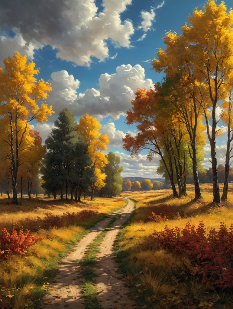 Стиль импрессионизм, радость, осень тепло солнце, степь трава, небо облака, деревья желтеющие листья, листопад
