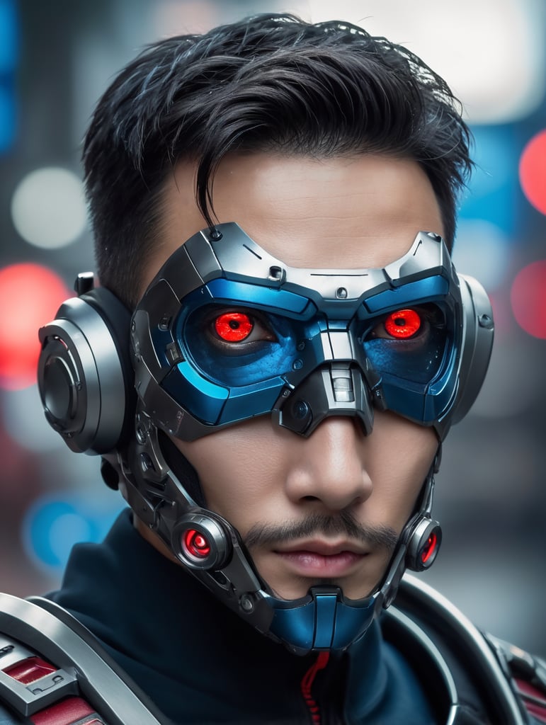 an android wear a mask that is blue with red eyes, in the style of cyberpunk realism, concept art, mecha anime, matte photo, distinctive noses, realistic chiaroscuro, close-up