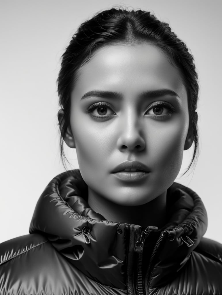 A black and white portrait of a women designer wearing a glossy down jacket looking on camera