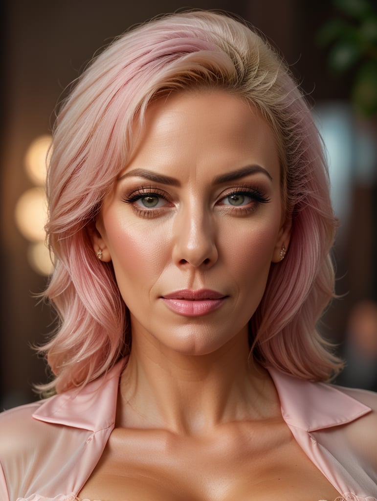 Portrait of a beautiful 40 years old woman with a big bust look like Nicolette Shea, glamorous Hollywood portraits, highly realistic, daz3d, women designers, high resolution, photography portrait realistic, pink short tall hair