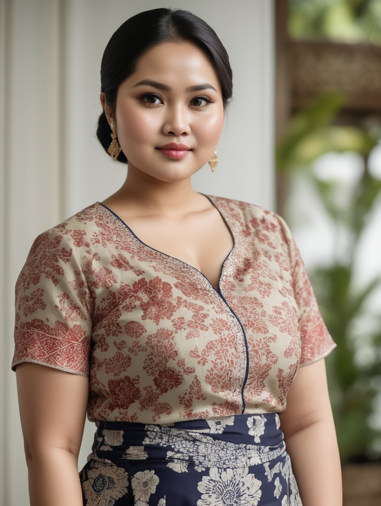 An Indonesian woman is slightly fat, chubby cheeks, flat nose, Slightly oval face shape,wearing a kebaya,No make up, white skin, wearing a batik skirt