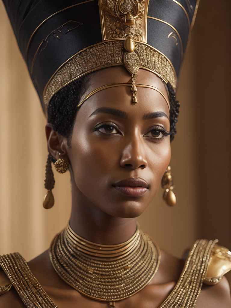 A mesmerizing scene capturing Queen Nefertiti of Egypt in her elegant regal attire, exuding beauty and grace as she stands as a symbol of power and femininity, mesmerizing, regal, elegant, influential, graceful, DSLR, wide-angle lens, midday, majestic and composed, digital