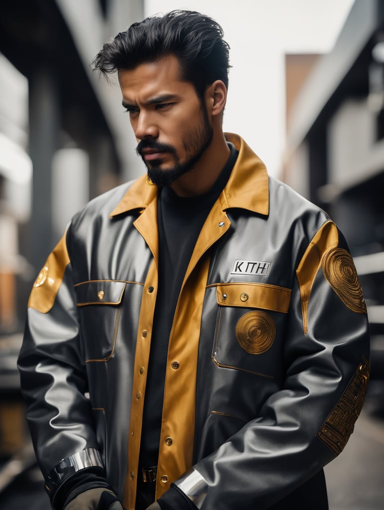 a Welder Jacket, futurist, mechanic, gold, silver, shot on leica, fashion portrait, by kith