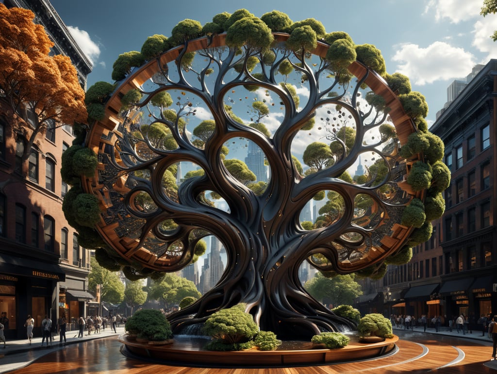 dream prompt: the craziest wide viewing angle and large view lens architectural modern style hyper realistic hyper detailed neocosmic exterior architecture design of a tree shape Fluid complex, wood geometric leaves spectrum, wood::1 white::3, Santiago Calatrava and Aaron Horkey architecture art styles, in new york city, soft ambient, night light, cinematic photo, natural lighting, camera nikon, 8k, --s1000 --style raw, you can imagine