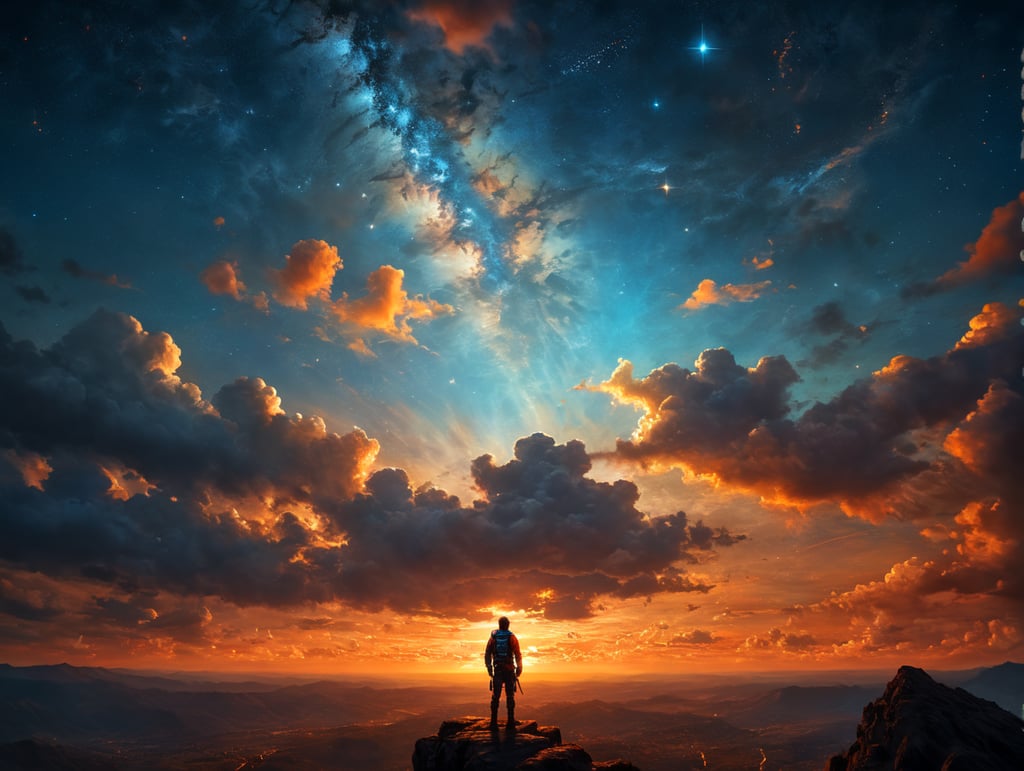 person looking at the magical orange blue sky with stars