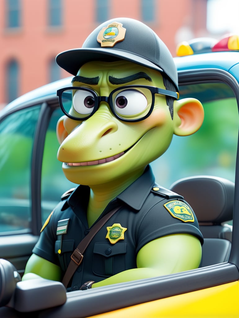 Alligator police officer, sitting behind the wheel of a taxi, close-up shot, sunglasses, clipart, stock photo