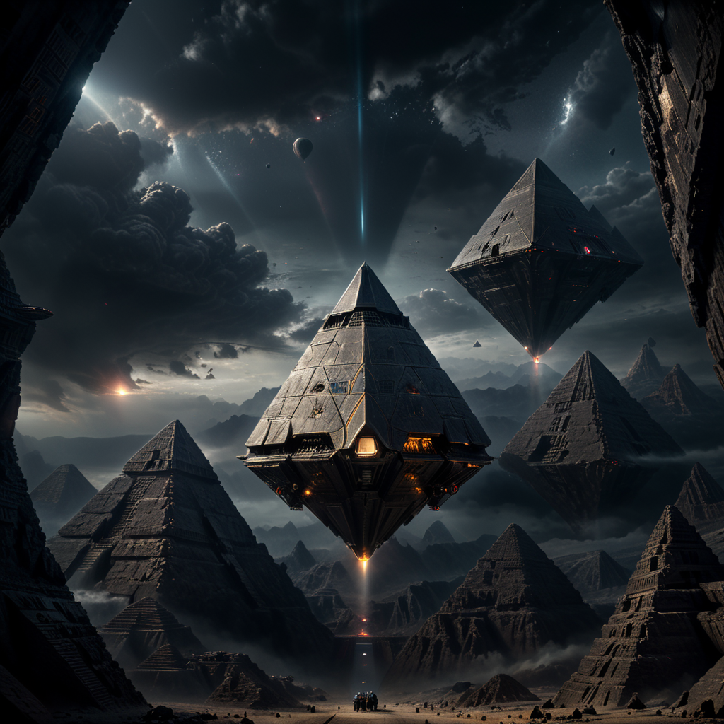 Pyramid-shaped spaceship lost in space.