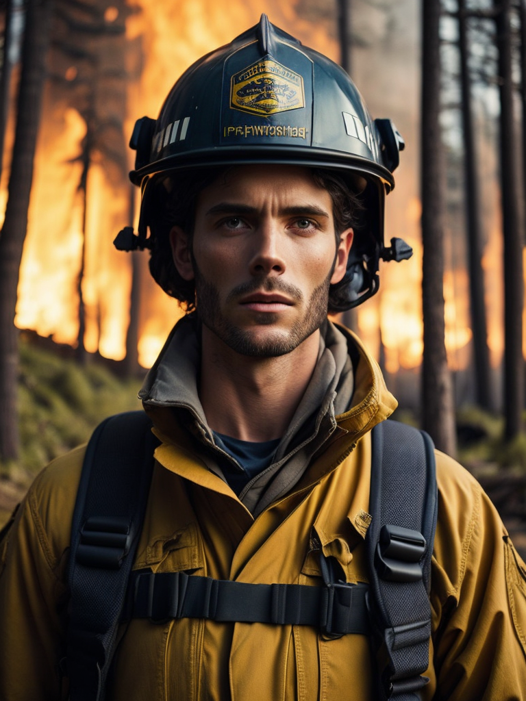 epic portrait of a Firefighter, close-up, forest fire, British Columbia Wildfire, Canada